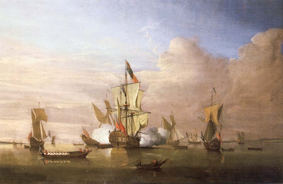 The Royal yacht Peregrine arriving in the Thames estuary with King George i aboard in September 1714